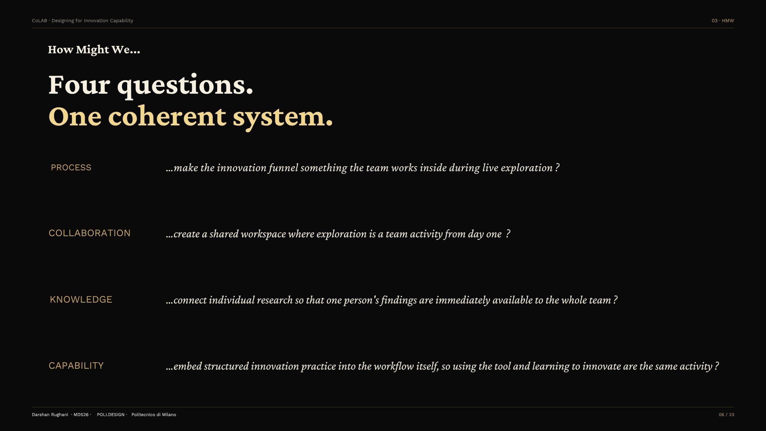 How Might We — four questions, one coherent system