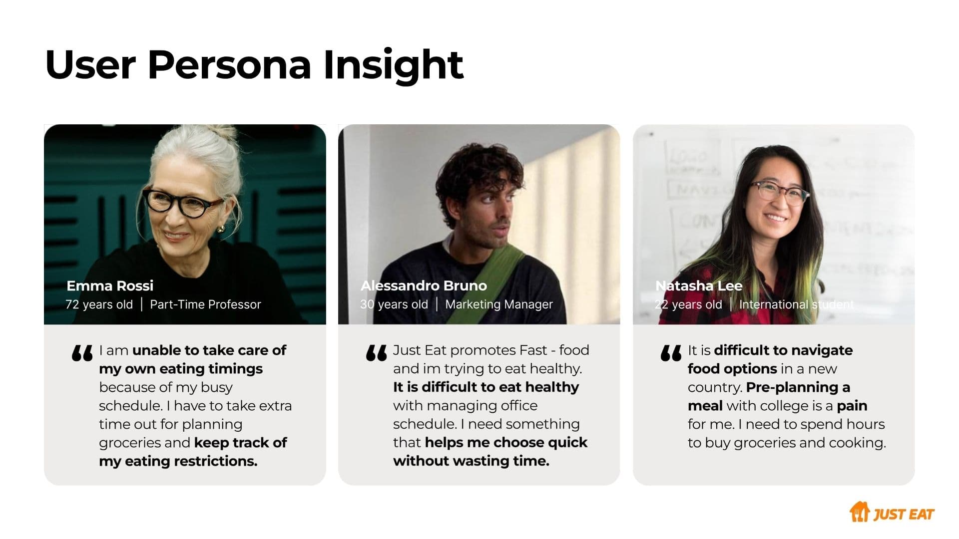 User personas — Emma Rossi, Alessandro Bruno, Natasha Lee