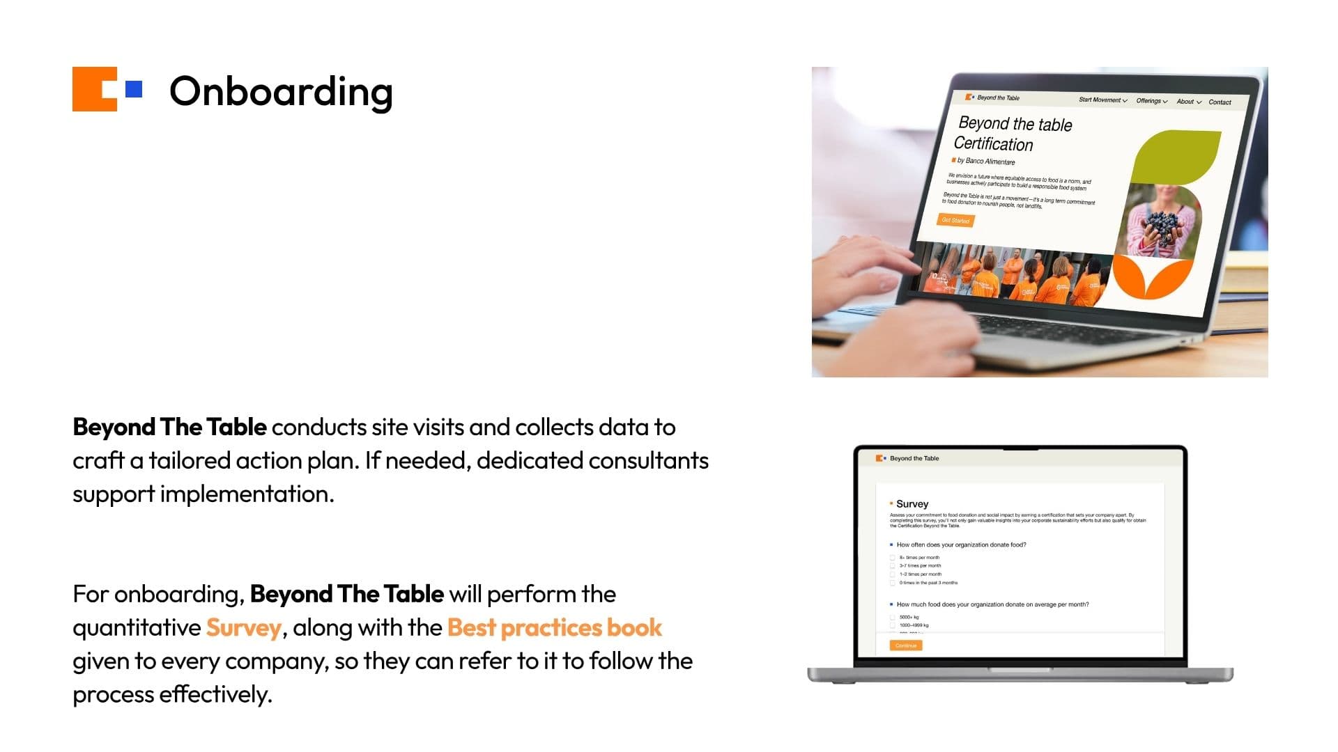 Beyond the Table certification platform and onboarding survey