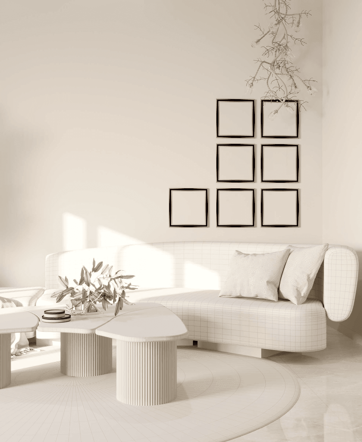 3D visualization — minimal white living room, curved sofa, ribbed coffee tables