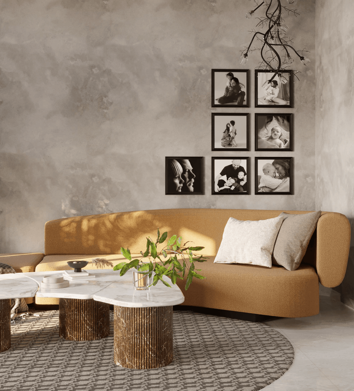 3D visualization — warm beige living space, organic coffee tables, family art wall