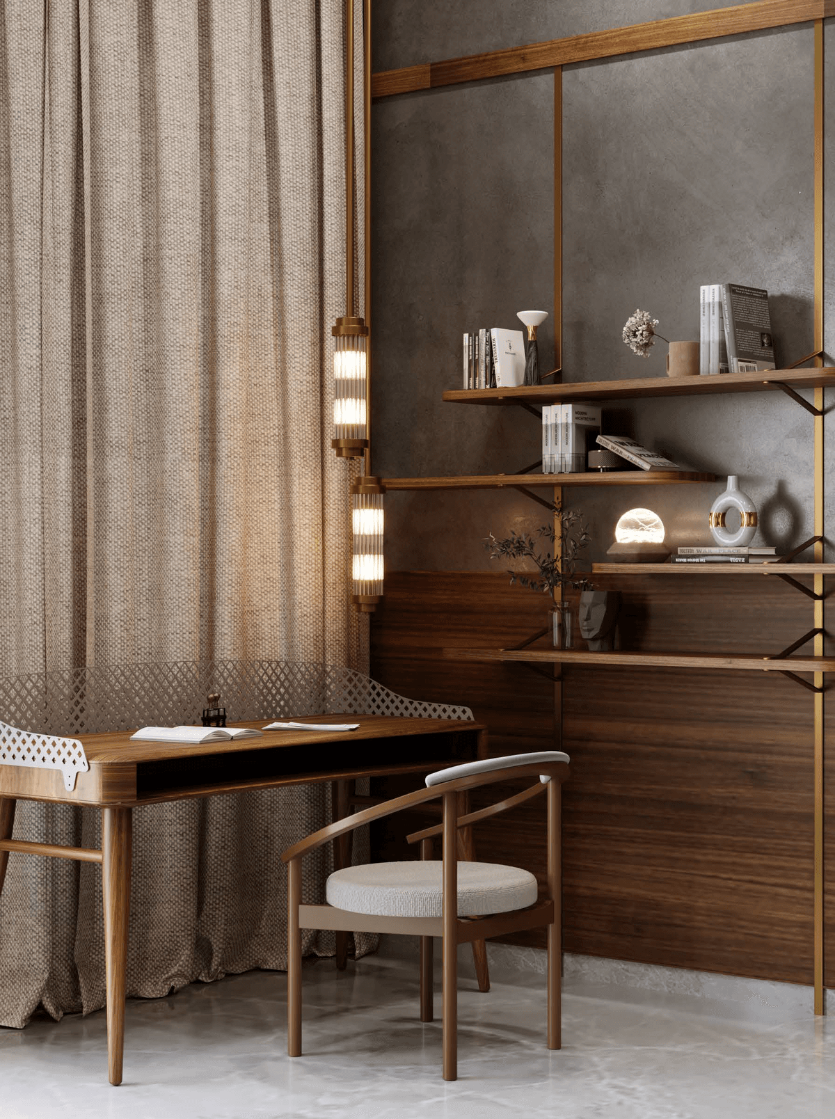 3D visualization — warm study, teak shelving, brass pendant, linen curtains