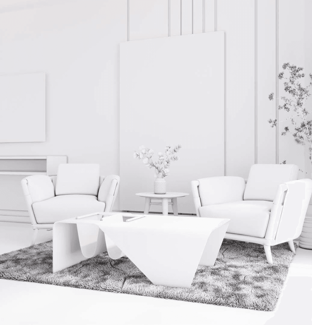 3D visualization — white lounge with barrel chairs on textured rug