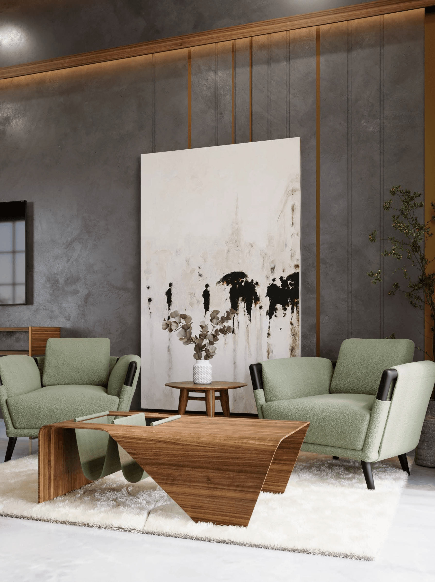 Innovheads — 3D visualization render, dark grey living room with sage velvet sofas and large abstract artwork