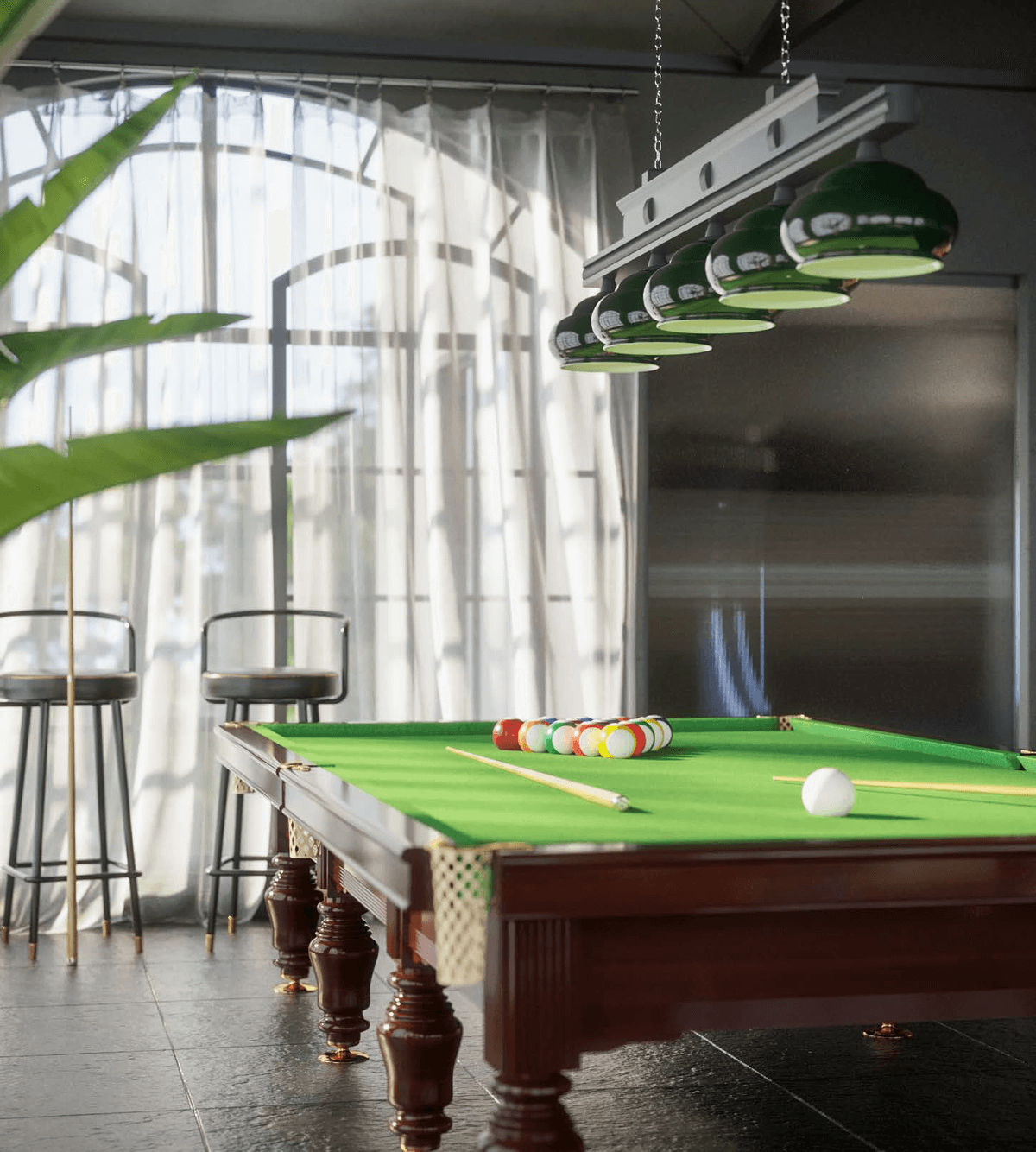 3D visualization — billiards room with green pool table and pendant lighting