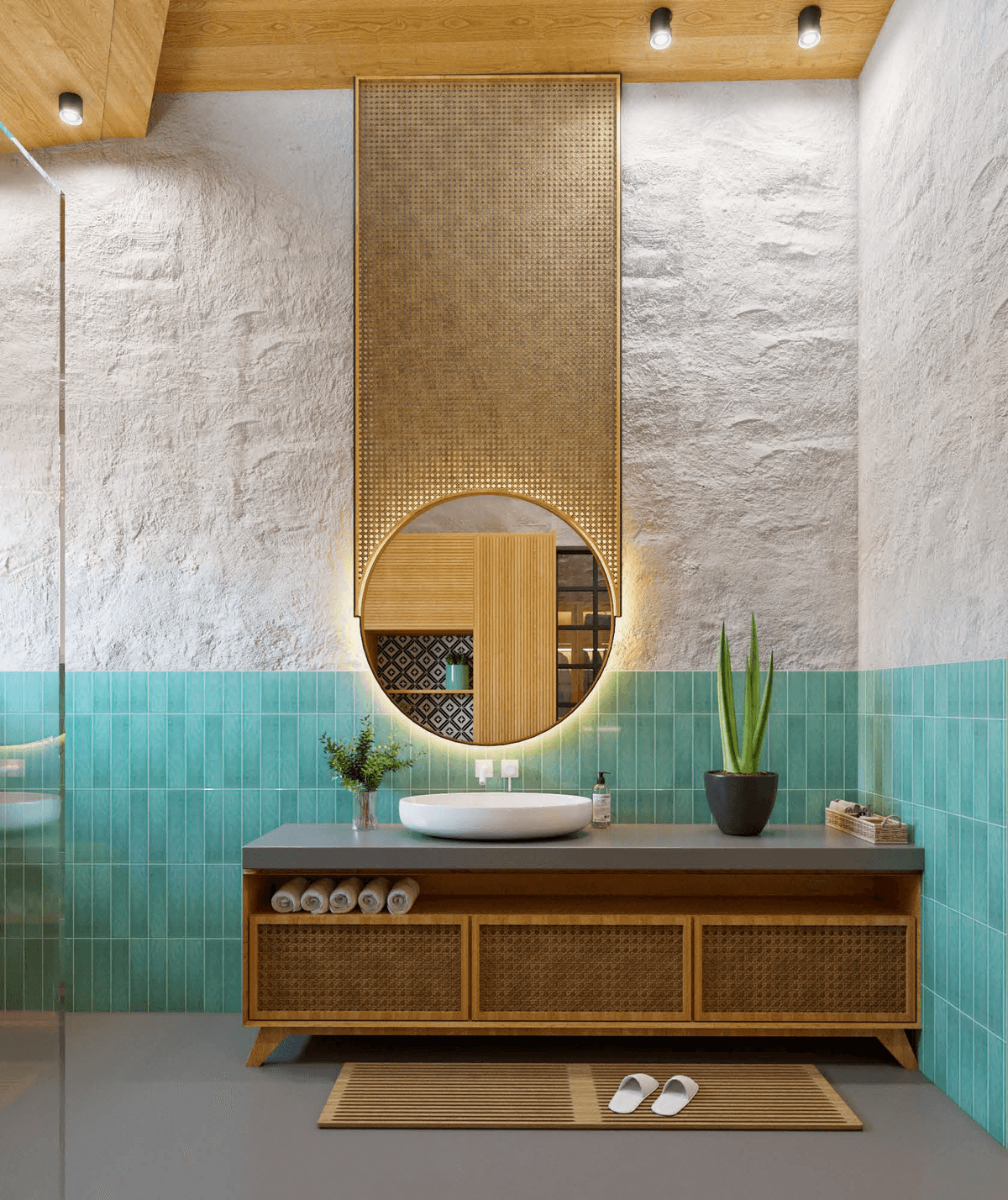3D visualization — bathroom with teal zellige tile, rattan vanity, round backlit mirror