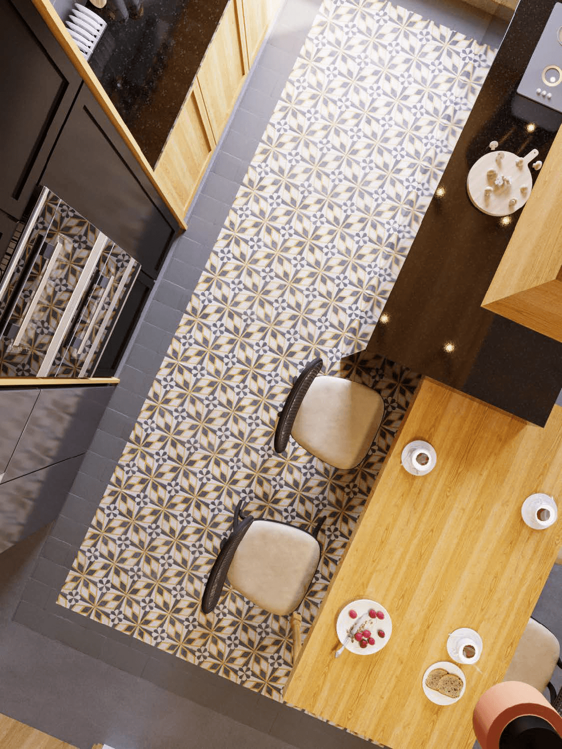 3D visualization — kitchen overhead view with patterned tile floor