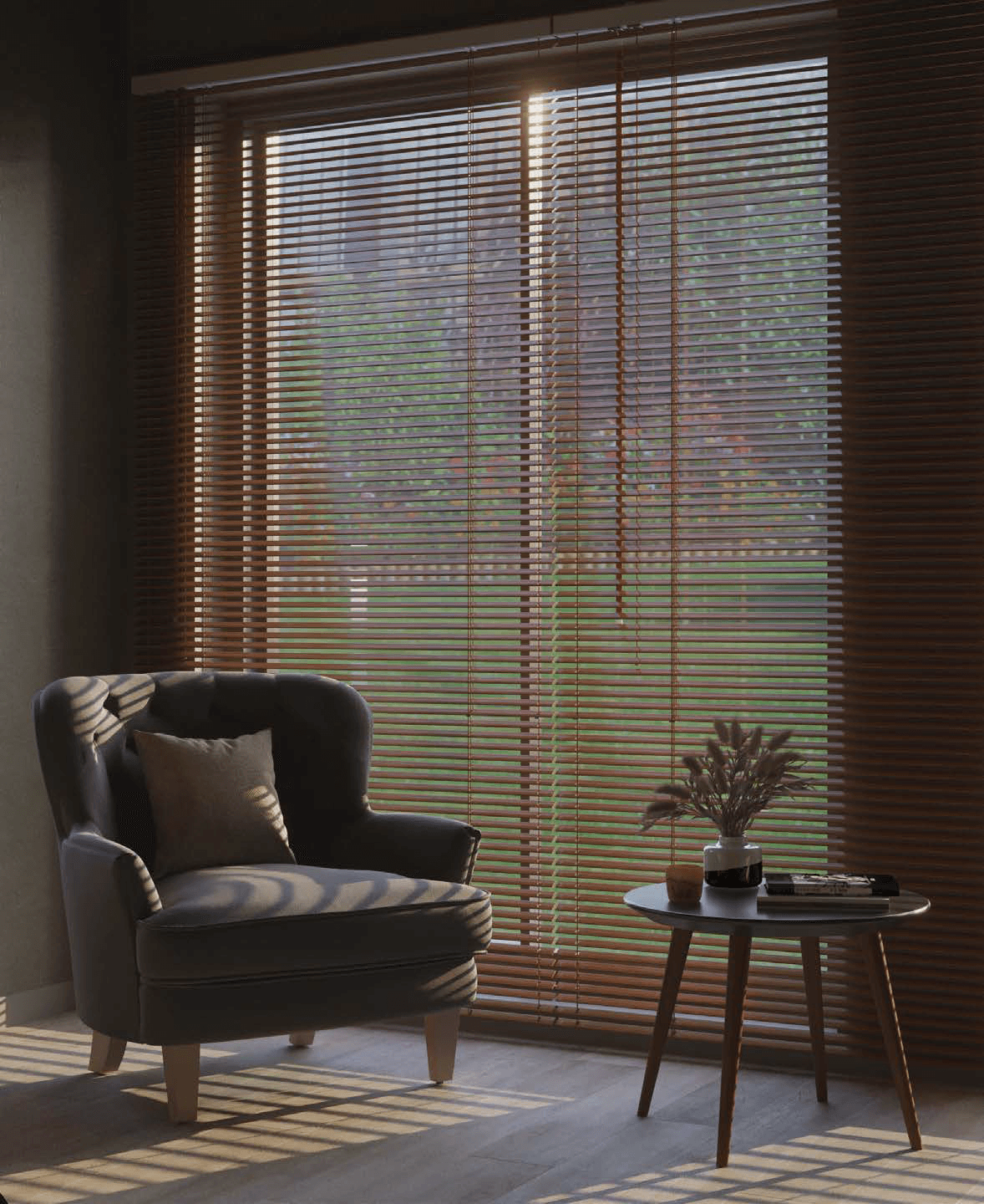 3D visualization — reading chair by floor-to-ceiling wooden blinds, late afternoon light
