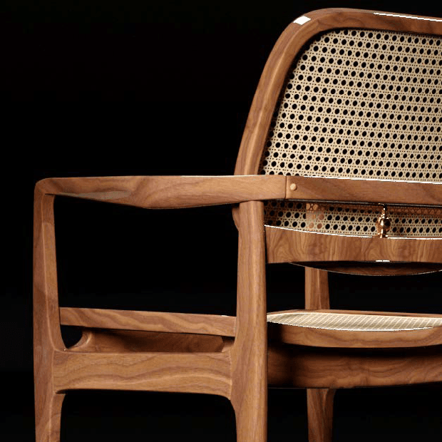 3D product render — walnut and cane armchair on black background